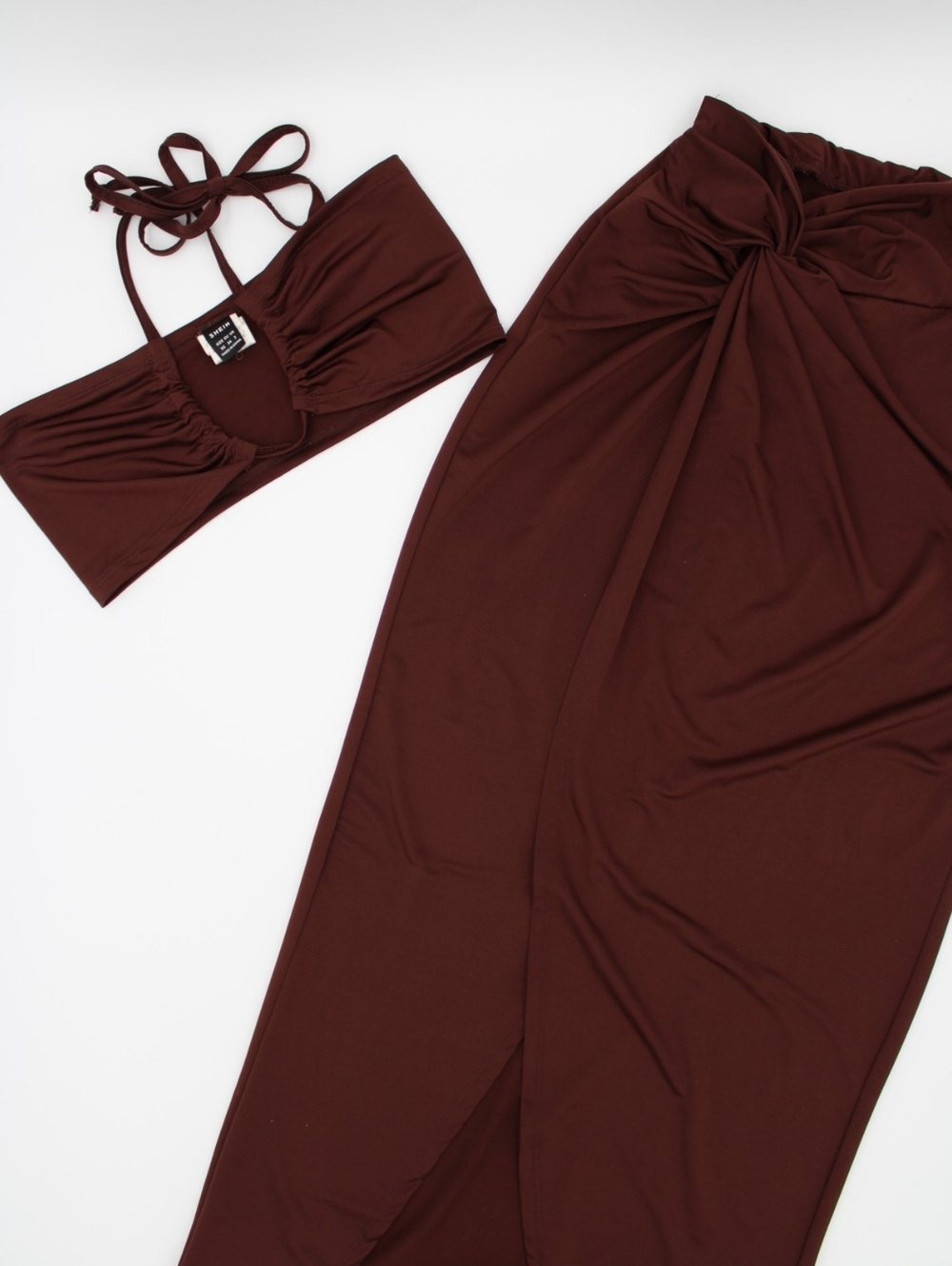SHEIN Brown Ruched Halter 2 Piece Set XS Split Skirt - Picture 3 of 7